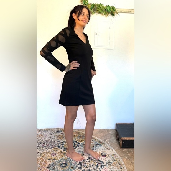 Muse Boston proper exclusive little black dress V neck long sleeve mesh sheer - Picture 6 of 11